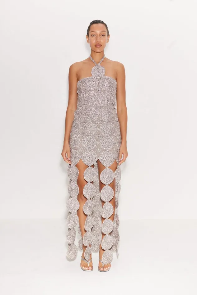 Simon Miller Dresses Women Beep Beep Dress In Satellite Silver Hand Knit Lurex Crochet Simon Miller Dresses Women Beep Beep Dress In Satellite Silver Hand Knit Lurex Crochet