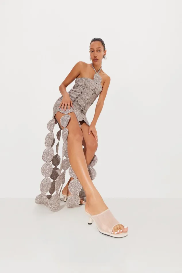Simon Miller Dresses Women Beep Beep Dress In Satellite Silver Hand Knit Lurex Crochet