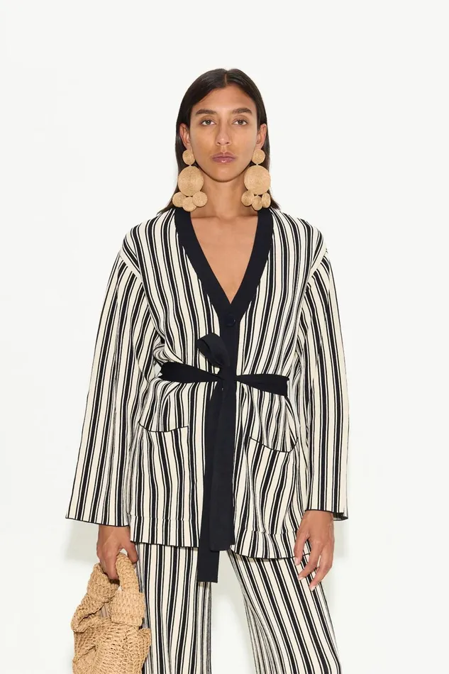 Simon Miller Sweaters Women Max Belted Knit Cardigan In BlackRice Flour Stripe Simon Miller Sweaters Women Max Belted Knit Cardigan In BlackRice Flour Stripe