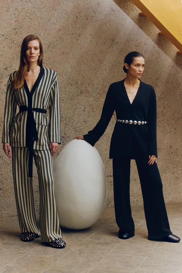 Simon Miller Sweaters Women Max Belted Knit Cardigan In BlackRice Flour Stripe Simon Miller Sweaters Women Max Belted Knit Cardigan In BlackRice Flour Stripe