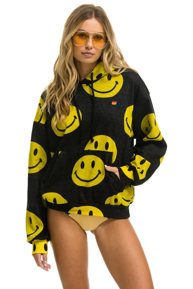Smiley Repeat Relaxed Pullover Hoodie 8211 Black WomenMen Aviator Nation Hoodies