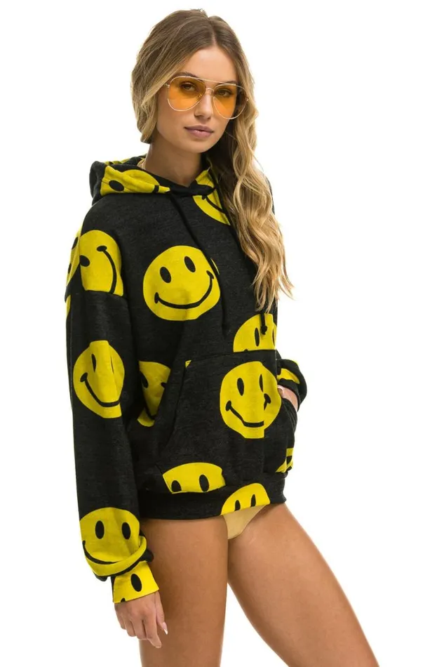 Smiley Repeat Relaxed Pullover Hoodie 8211 Black WomenMen Aviator Nation Hoodies