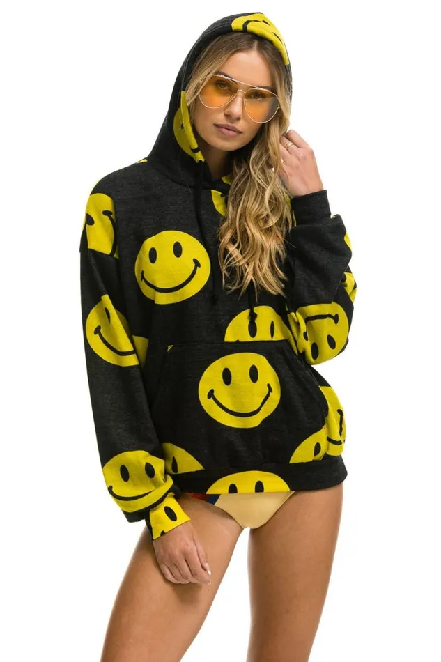 Smiley Repeat Relaxed Pullover Hoodie 8211 Black WomenMen Aviator Nation Hoodies