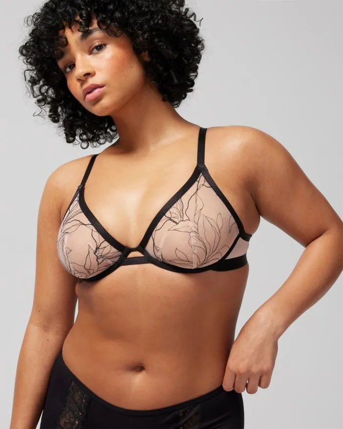 Soma Linework Embroidered Unlined Plunge Bra Blackhush Women Bras