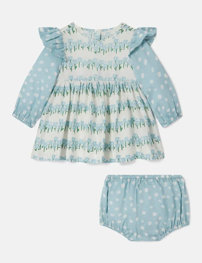 Stella McCartney Baby Girls Kids Floral Pattern Dress And Bloomers Set Cream And Blue