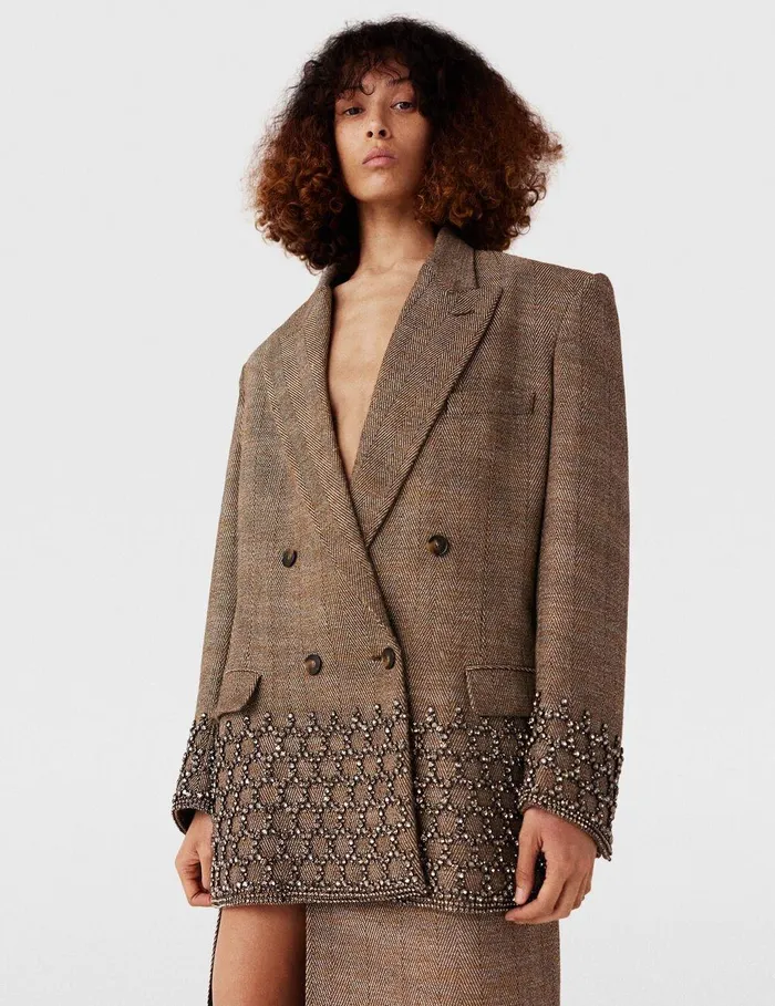 Stella McCartney Coats And Jackets Women Crystal Cage Oversized Blazer Beige Tweed Stella McCartney Coats And Jackets Women Crystal Cage Oversized Blazer Beige Tweed