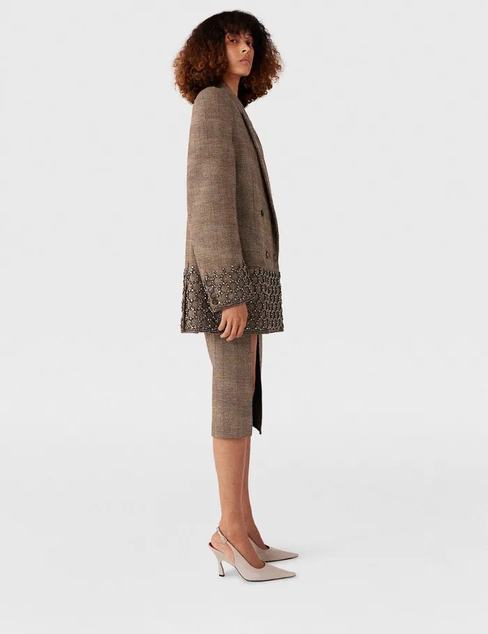 Stella McCartney Coats And Jackets Women Crystal Cage Oversized Blazer Beige Tweed Stella McCartney Coats And Jackets Women Crystal Cage Oversized Blazer Beige Tweed
