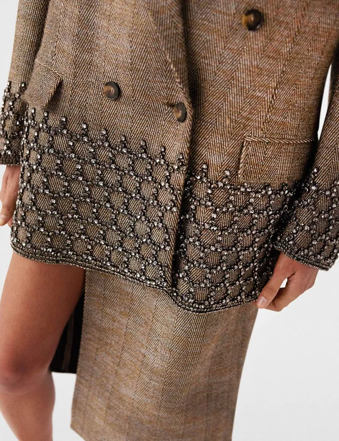 Stella McCartney Coats And Jackets Women Crystal Cage Oversized Blazer Beige Tweed Stella McCartney Coats And Jackets Women Crystal Cage Oversized Blazer Beige Tweed