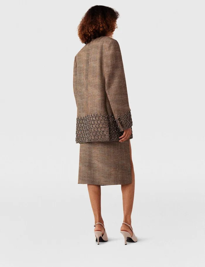 Stella McCartney Coats And Jackets Women Crystal Cage Oversized Blazer Beige Tweed Stella McCartney Coats And Jackets Women Crystal Cage Oversized Blazer Beige Tweed