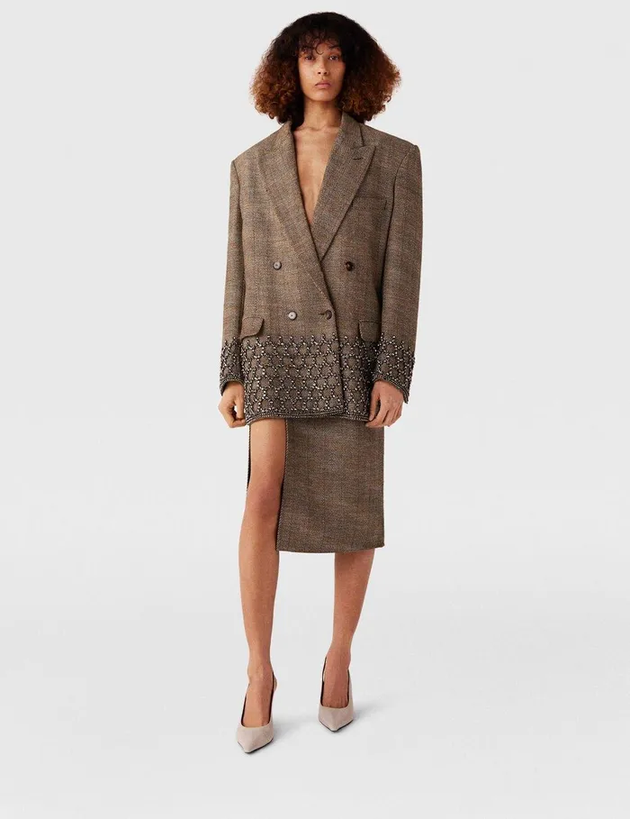 Stella McCartney Coats And Jackets Women Crystal Cage Oversized Blazer Beige Tweed Stella McCartney Coats And Jackets Women Crystal Cage Oversized Blazer Beige Tweed