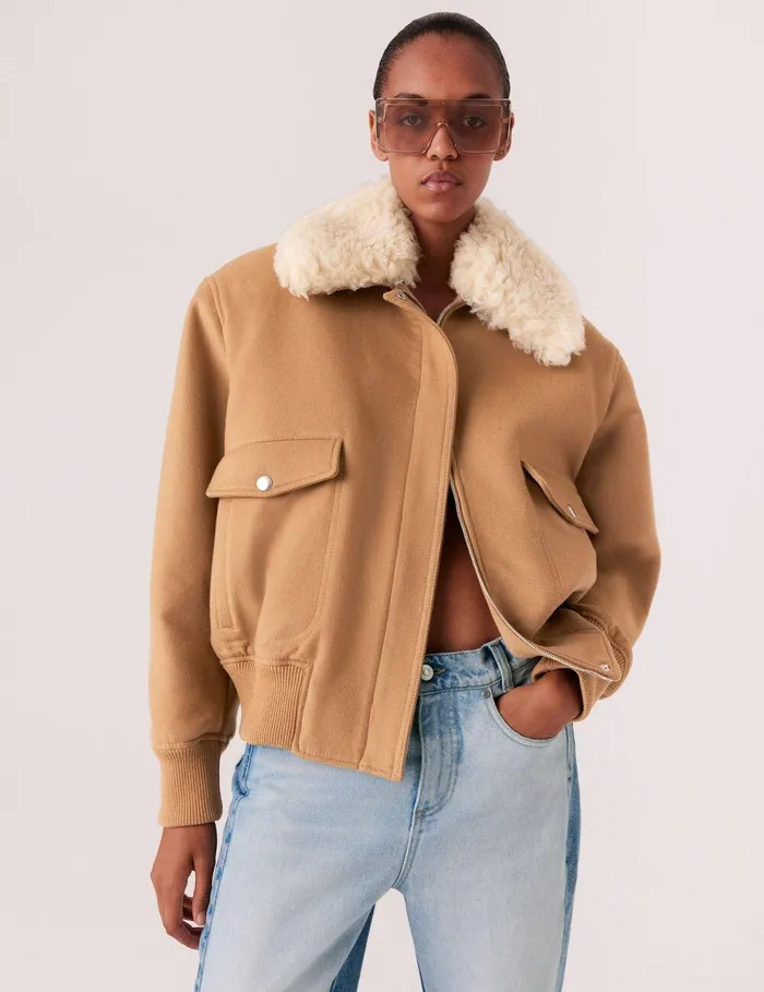 Stella McCartney Coats And Jackets Women Plush Teddy Bomber Jacket Camel Stella McCartney Coats And Jackets Women Plush Teddy Bomber Jacket Camel