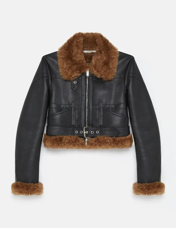 Stella McCartney Coats And Jackets Women Plush Teddy Cropped Biker Jacket Midnight Black