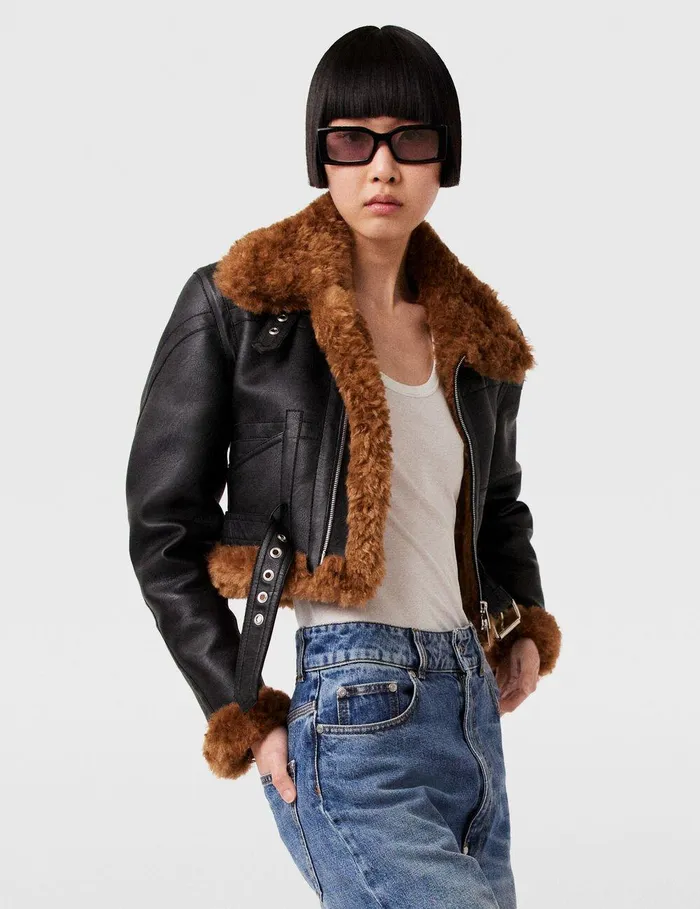 Stella McCartney Coats And Jackets Women Plush Teddy Cropped Biker Jacket Midnight Black Stella McCartney Coats And Jackets Women Plush Teddy Cropped Biker Jacket Midnight Black