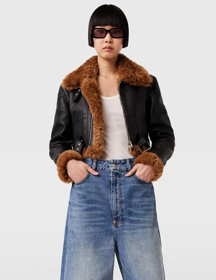 Stella McCartney Coats And Jackets Women Plush Teddy Cropped Biker Jacket Midnight Black Stella McCartney Coats And Jackets Women Plush Teddy Cropped Biker Jacket Midnight Black