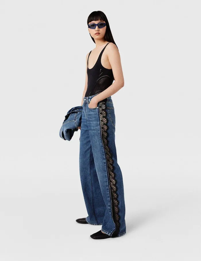 Stella McCartney Denim Women Lace HighRise Straight Leg Jeans Vintage Wash Blue Denim Stella McCartney Denim Women Lace HighRise Straight Leg Jeans Vintage Wash Blue Denim