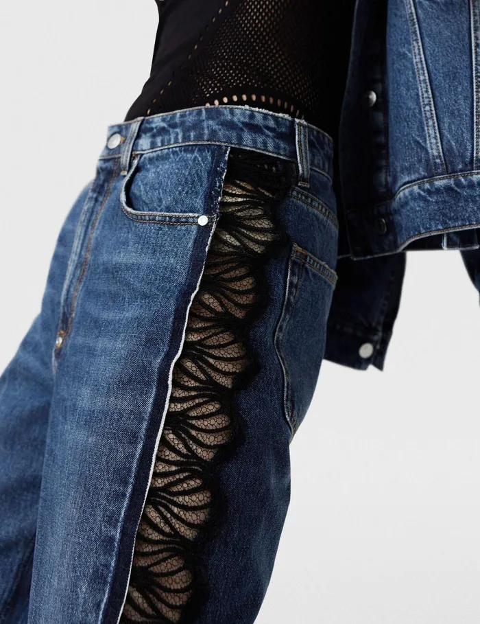 Stella McCartney Denim Women Lace HighRise Straight Leg Jeans Vintage Wash Blue Denim Stella McCartney Denim Women Lace HighRise Straight Leg Jeans Vintage Wash Blue Denim