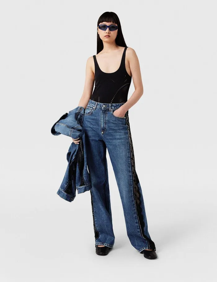 Stella McCartney Denim Women Lace HighRise Straight Leg Jeans Vintage Wash Blue Denim Stella McCartney Denim Women Lace HighRise Straight Leg Jeans Vintage Wash Blue Denim