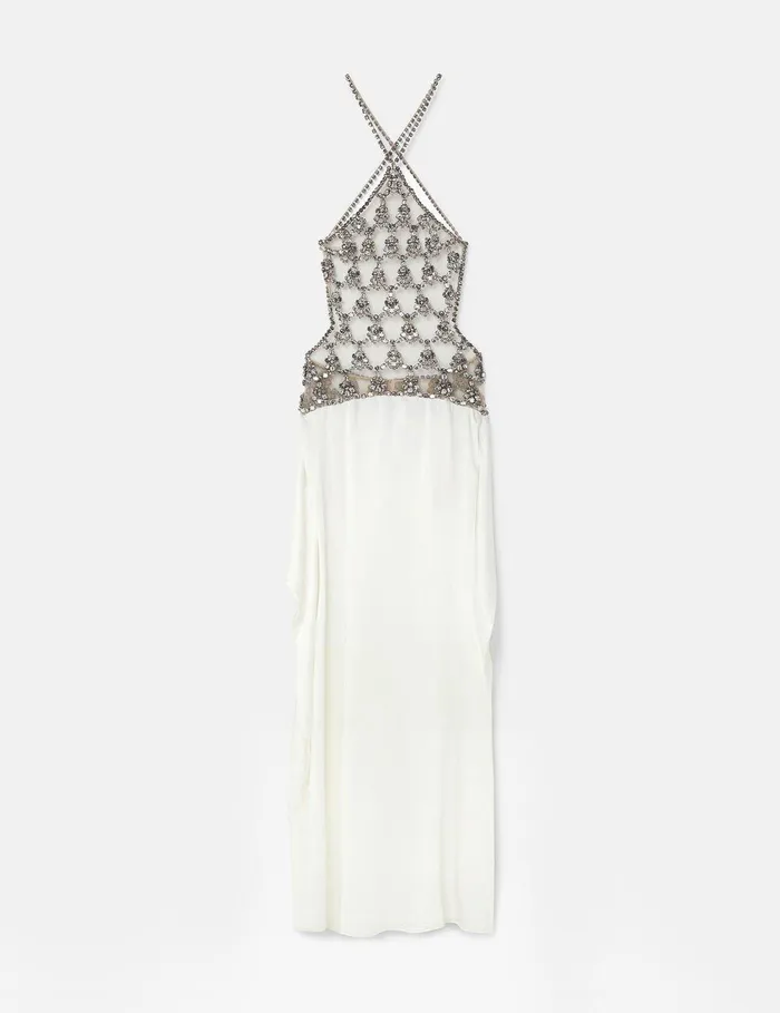 Stella McCartney Dresses Women Crystal Cage Halterneck Maxi Dress Silver And Pure White Stella McCartney Dresses Women Crystal Cage Halterneck Maxi Dress Silver And Pure White