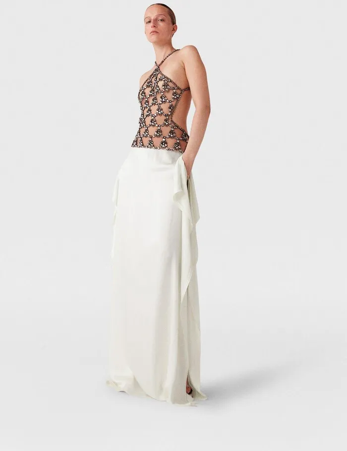 Stella McCartney Dresses Women Crystal Cage Halterneck Maxi Dress Silver And Pure White