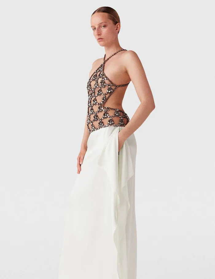 Stella McCartney Dresses Women Crystal Cage Halterneck Maxi Dress Silver And Pure White