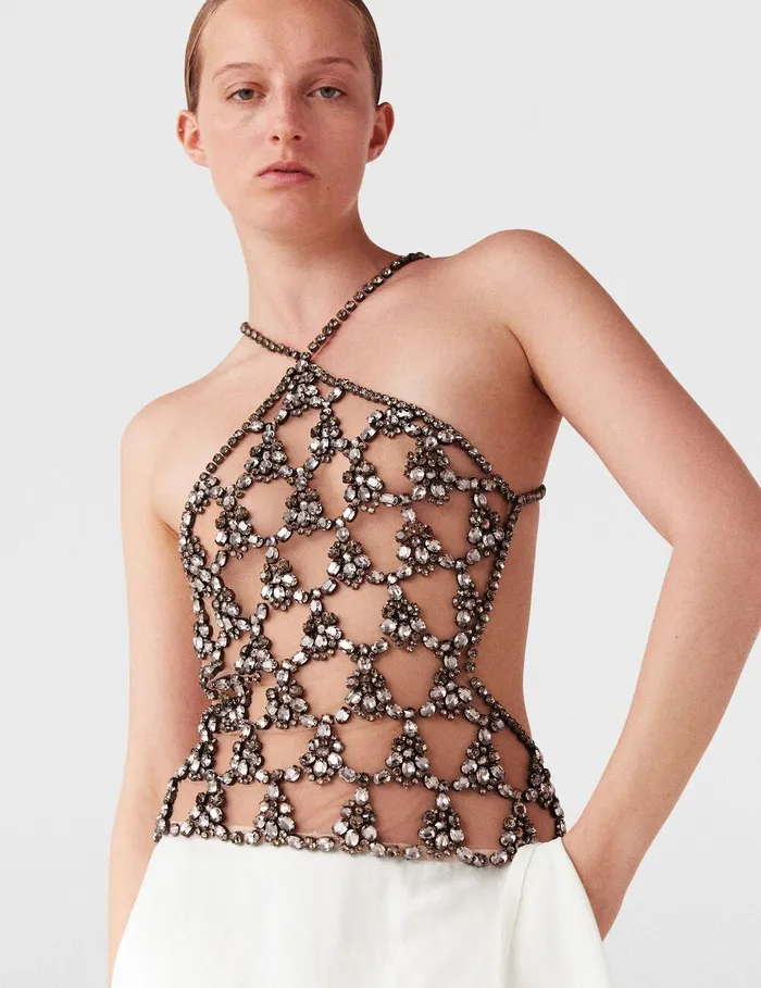 Stella McCartney Dresses Women Crystal Cage Halterneck Maxi Dress Silver And Pure White