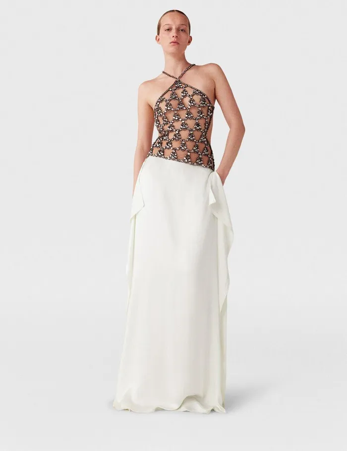 Stella McCartney Dresses Women Crystal Cage Halterneck Maxi Dress Silver And Pure White
