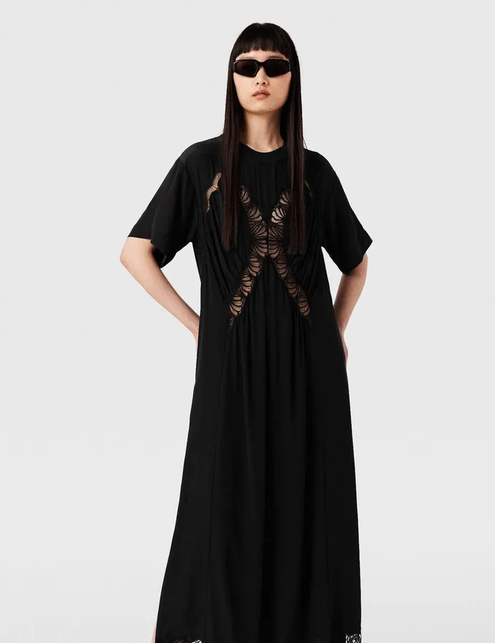 Stella McCartney Dresses Women Lace Insert Short Sleeve Maxi Dress Midnight Black Stella McCartney Dresses Women Lace Insert Short Sleeve Maxi Dress Midnight Black