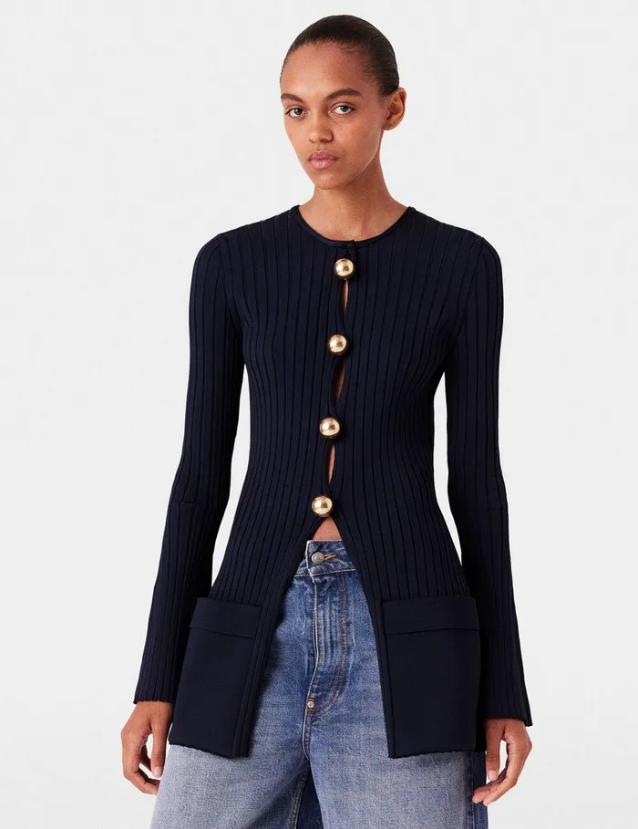 Stella McCartney Knitwear Women Ribbed Long Sleeve Cardigan Deep Navy