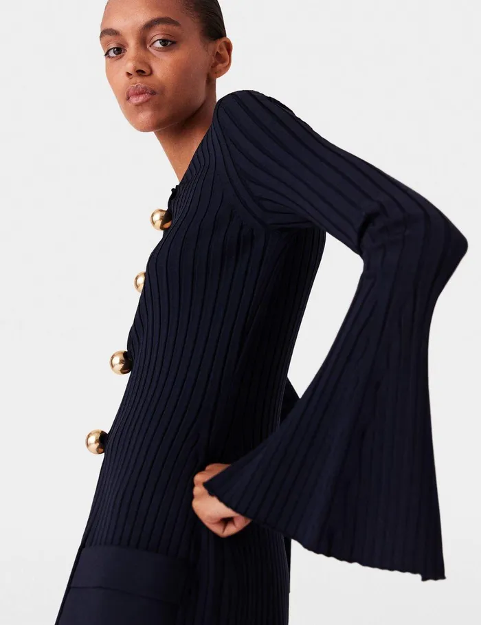 Stella McCartney Knitwear Women Ribbed Long Sleeve Cardigan Deep Navy