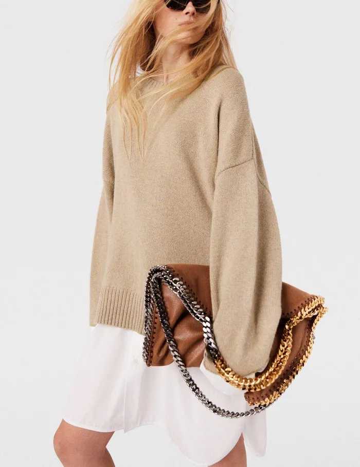 Stella McCartney Knitwear Women Shirting Details Long Sleeve Sweater Sandy Beige