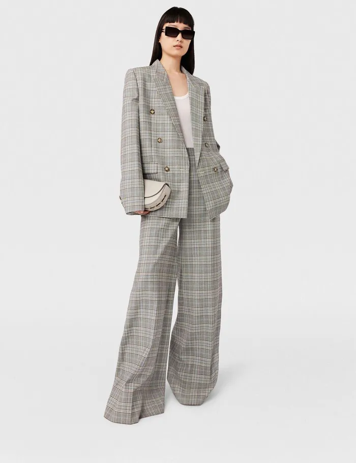 Stella McCartney Pants And Shorts Women HighRise WideLeg Wool Pants Grey And Blue Check Stella McCartney Pants And Shorts Women HighRise WideLeg Wool Pants Grey And Blue Check