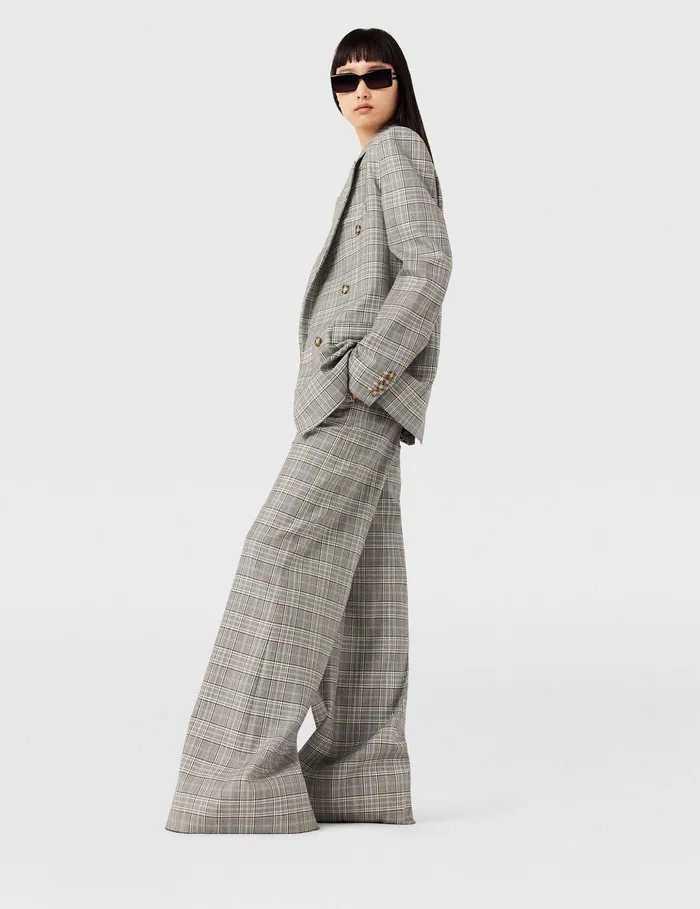 Stella McCartney Pants And Shorts Women HighRise WideLeg Wool Pants Grey And Blue Check Stella McCartney Pants And Shorts Women HighRise WideLeg Wool Pants Grey And Blue Check