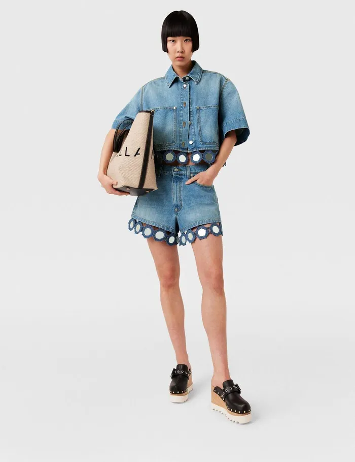 Stella McCartney Pants And Shorts Women Mirror Crochet HighRise Shorts Light Blue Vintage Denim