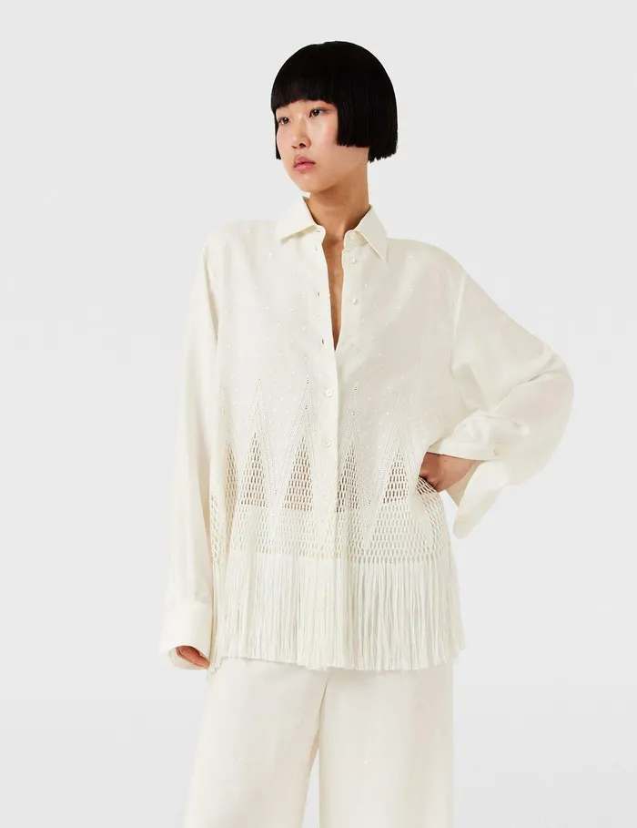 Stella McCartney Shirts And Tops Women OpenKnit Fringe Shirt Cream