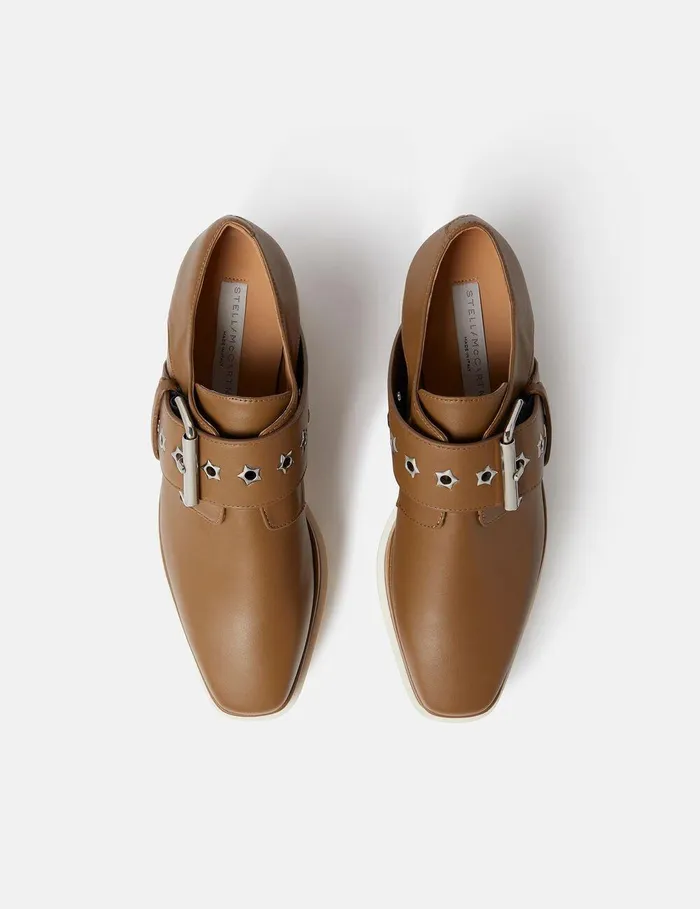 Stella McCartney Wedges Women Elyse StarStudded Buckle Platform Shoes Pecan Brown Stella McCartney Wedges Women Elyse StarStudded Buckle Platform Shoes Pecan Brown
