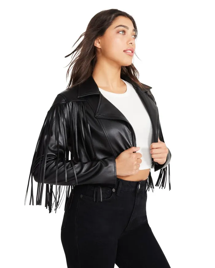 Steve Madden Fringe Faux Leather Jacket Black Womens Jackets and Coats