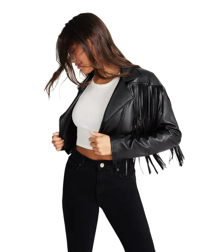 Steve Madden Fringe Faux Leather Jacket Black Womens Jackets and Coats Steve Madden Fringe Faux Leather Jacket Black Womens Jackets and Coats