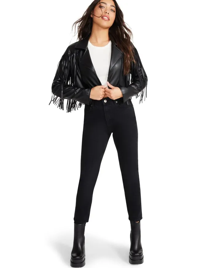Steve Madden Fringe Faux Leather Jacket Black Womens Jackets and Coats Steve Madden Fringe Faux Leather Jacket Black Womens Jackets and Coats