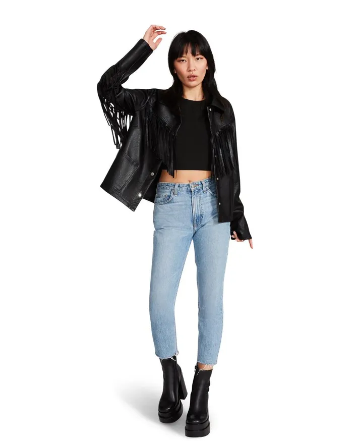 Steve Madden Fringe Jacket Black Womens Jackets and Coats