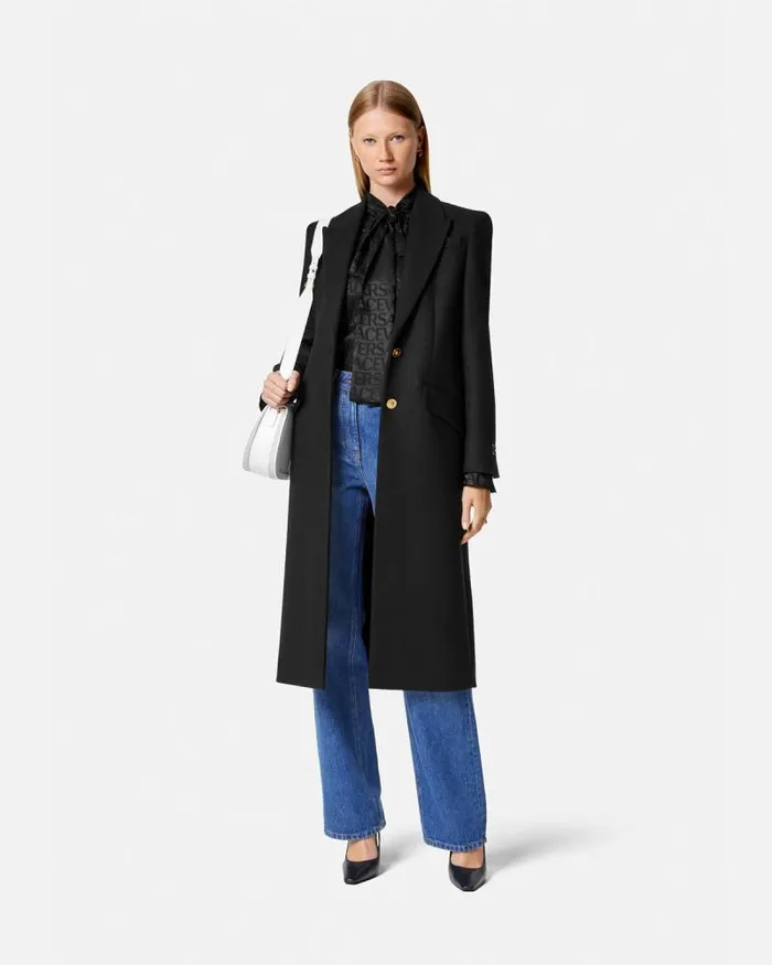Straight SingleBreasted Coat Black Women Versace Outerwear and Coats
