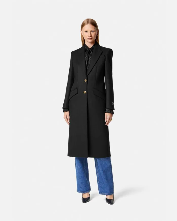 Straight SingleBreasted Coat Black Women Versace Outerwear and Coats