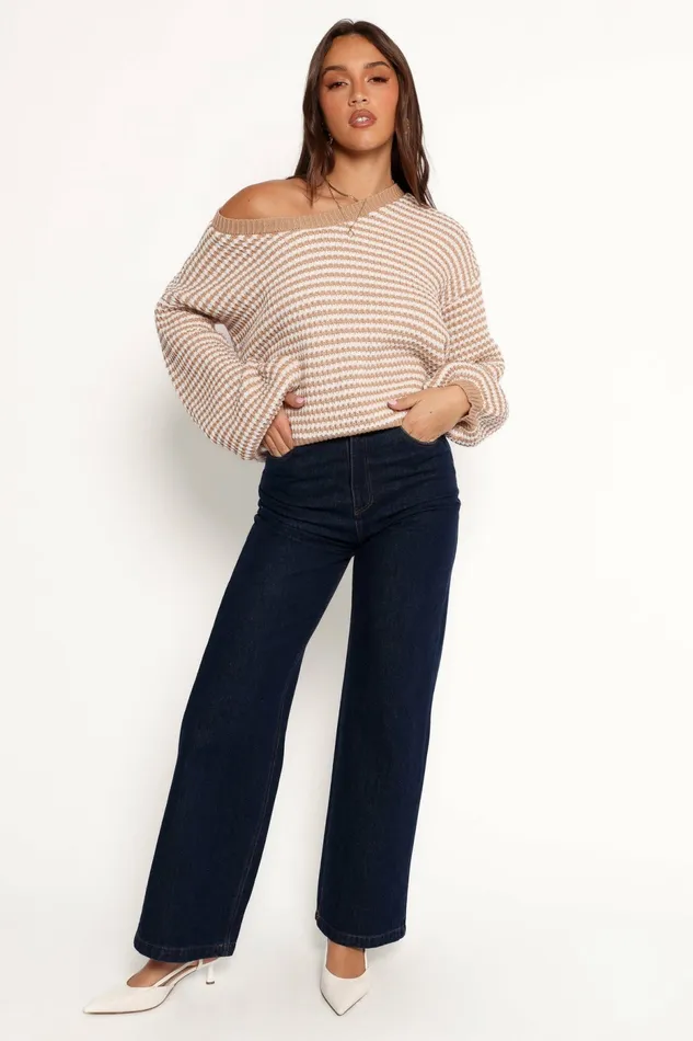 Sweaters Becca Crewneck Waffle Stitch Stripe Knit Sweater Tan Petal and Pup Women