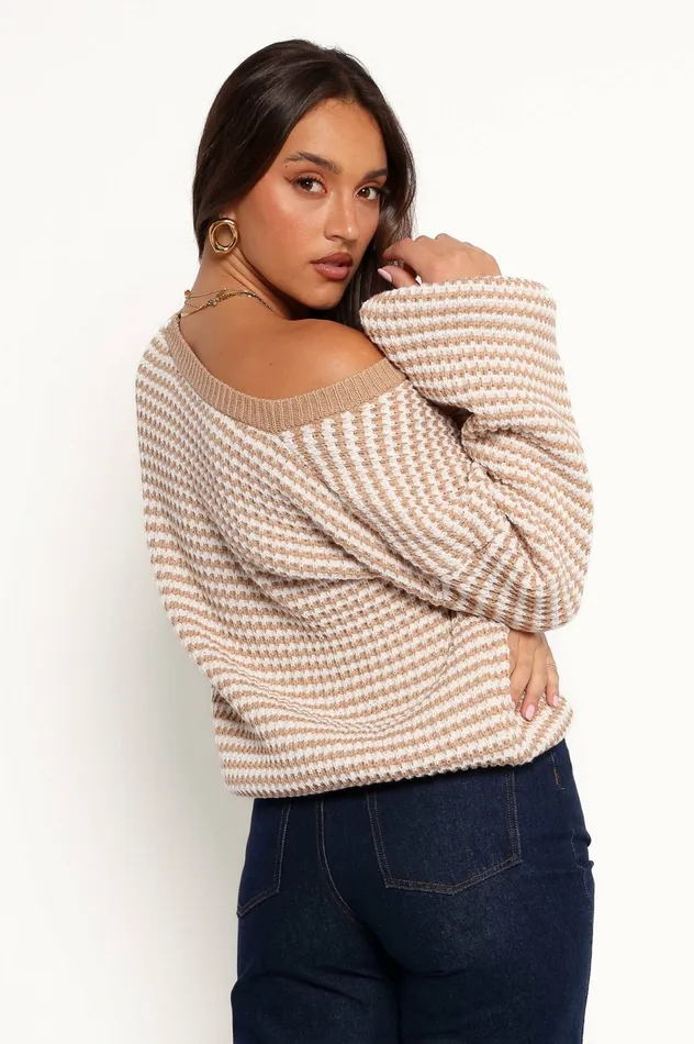 Sweaters Becca Crewneck Waffle Stitch Stripe Knit Sweater Tan Petal and Pup Women