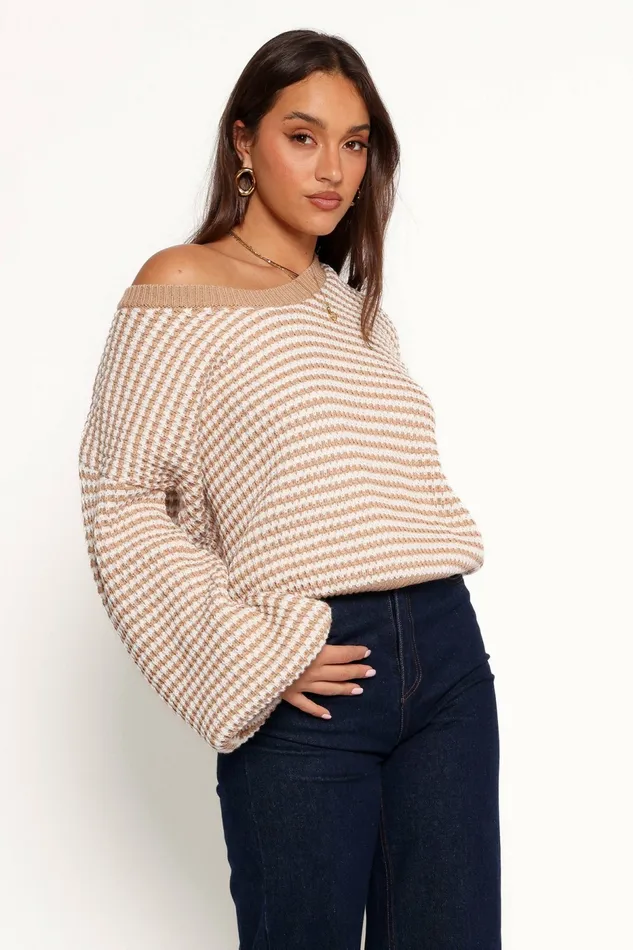 Sweaters Becca Crewneck Waffle Stitch Stripe Knit Sweater Tan Petal and Pup Women