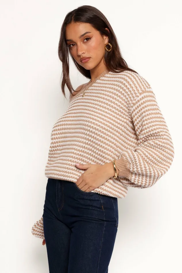 Sweaters Becca Crewneck Waffle Stitch Stripe Knit Sweater Tan Petal and Pup Women