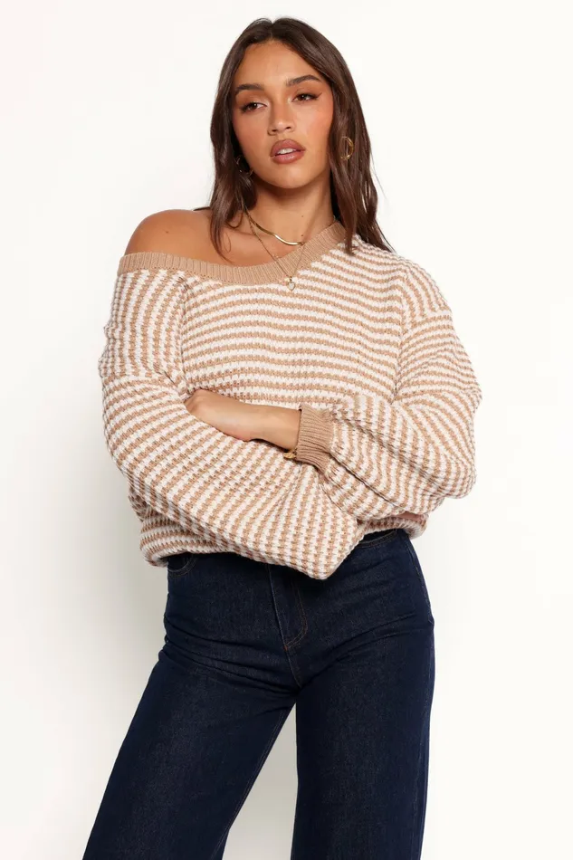 Sweaters Becca Crewneck Waffle Stitch Stripe Knit Sweater Tan Petal and Pup Women