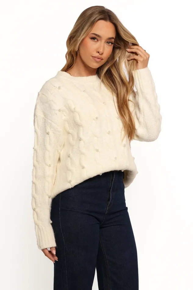 Sweaters Kalai Cable Knit Pearl Detail Knit Sweater Cream Petal and Pup Women