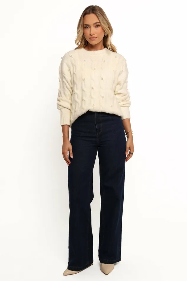Sweaters Kalai Cable Knit Pearl Detail Knit Sweater Cream Petal and Pup Women