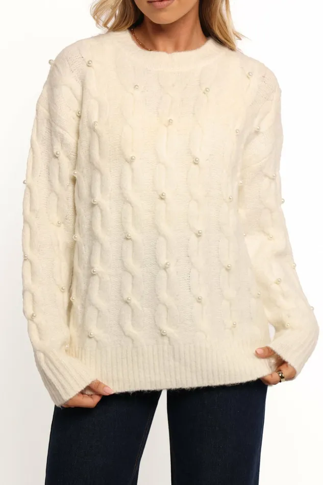 Sweaters Kalai Cable Knit Pearl Detail Knit Sweater Cream Petal and Pup Women