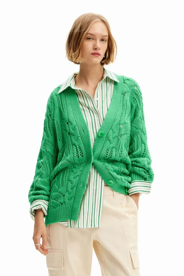 Sweaters Women Desigual Oversize Openwork Cardigan Green